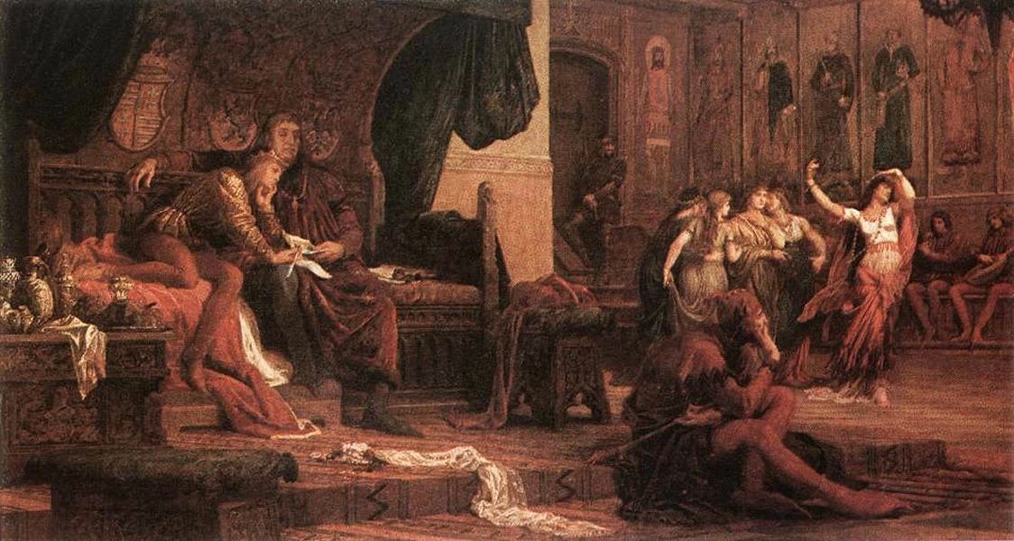 Il re Laszlo V d'Ungheria e il suo consigliere Ulrico di Cilli, che vizia il giovane re con piaceri per assumere il governo - Hungarian National Gallery, Budapest